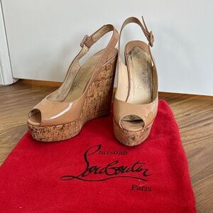 Christian Louboutin Nude Patent Cork Wedge Slingbacks